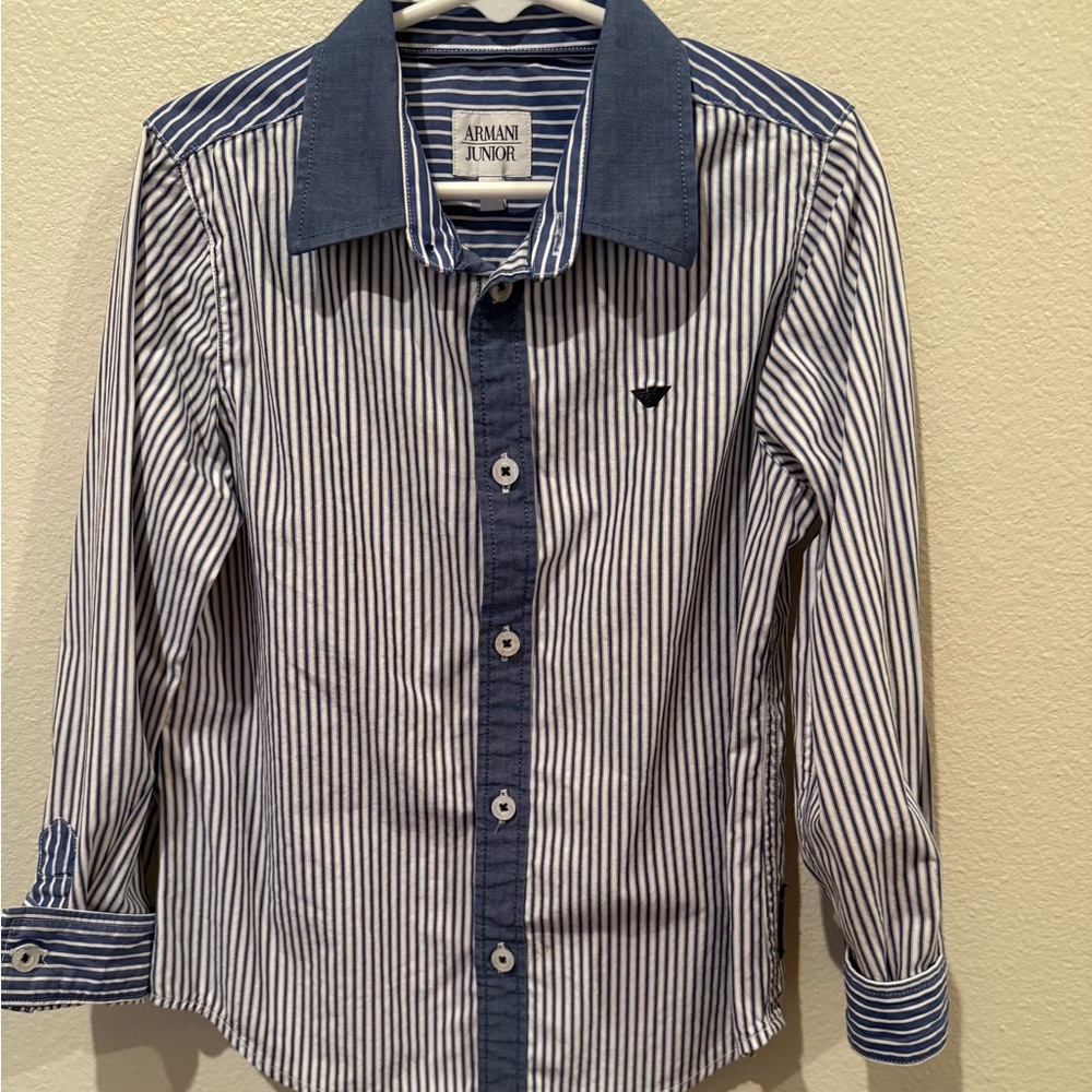 Armani Junior Navy and White Striped Button-Up